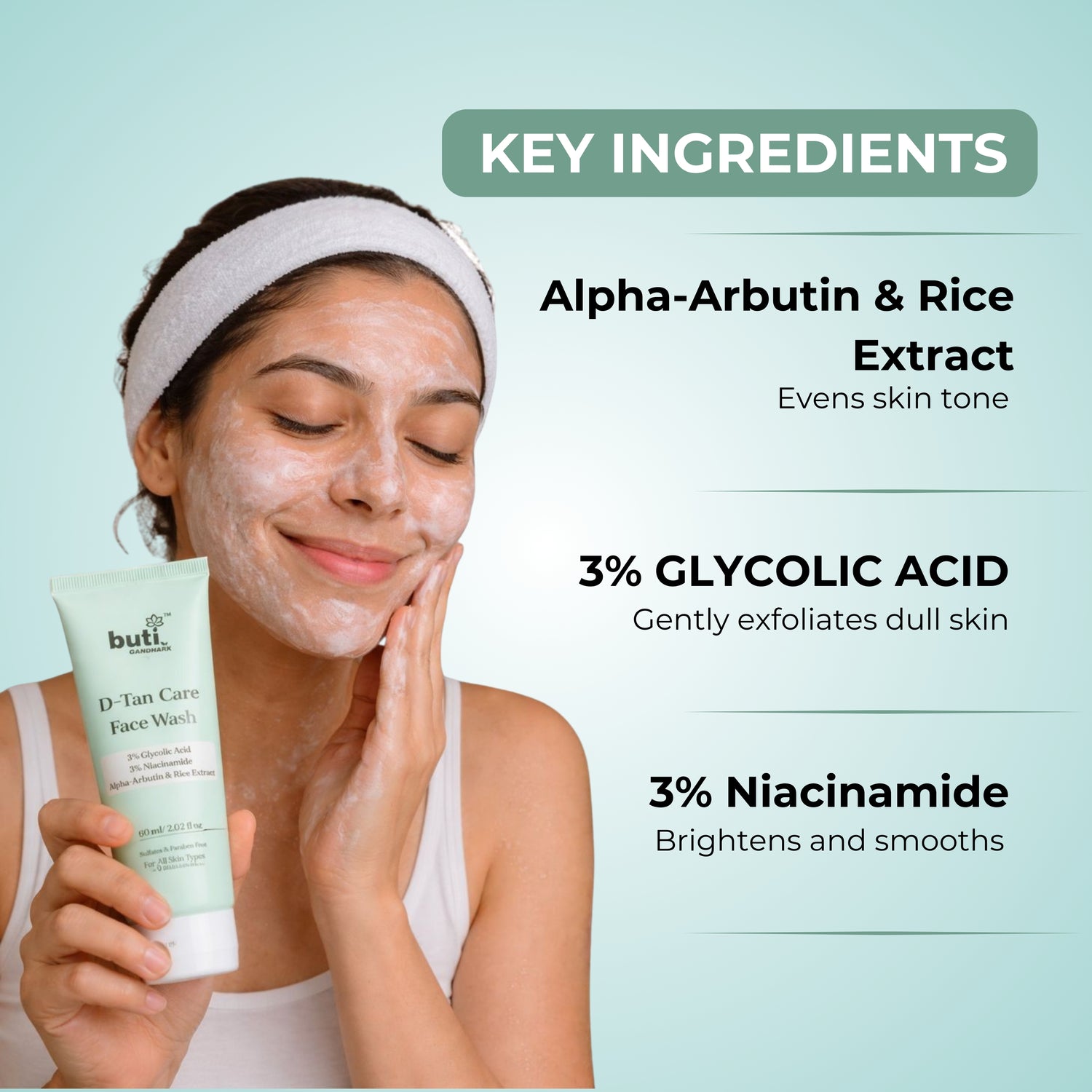 D-Tan Care Face Wash 60 ml with 3% Glycolic Acid &amp; 3% Niacinamide for Even Skin